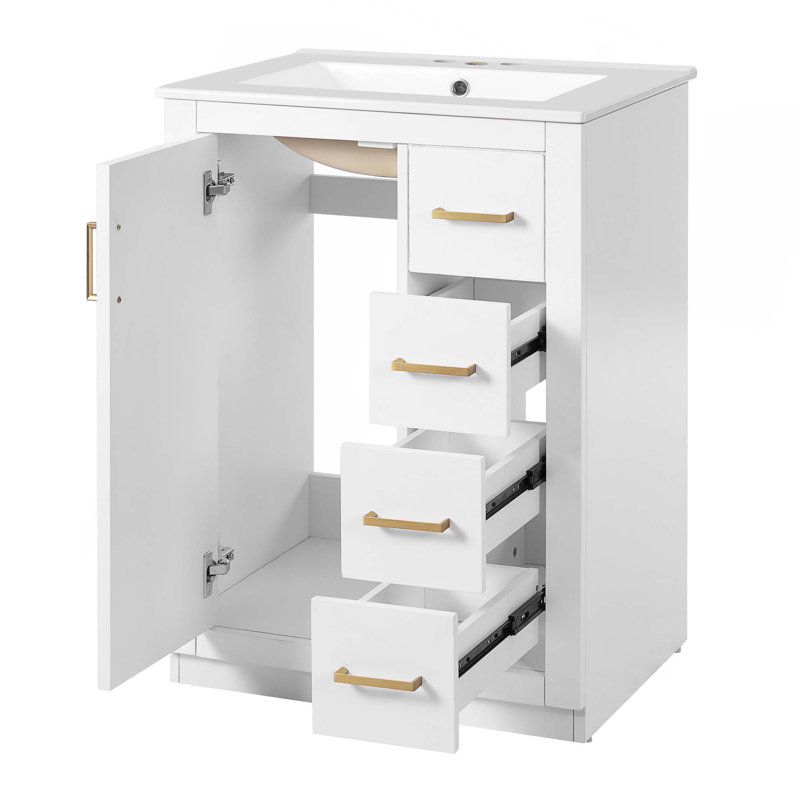 Meuble-lavabo 24 po avec lavabo en céramique intégré, 1 salle de bain, 3 tiroirs et meuble-lavabo simple, Blanc