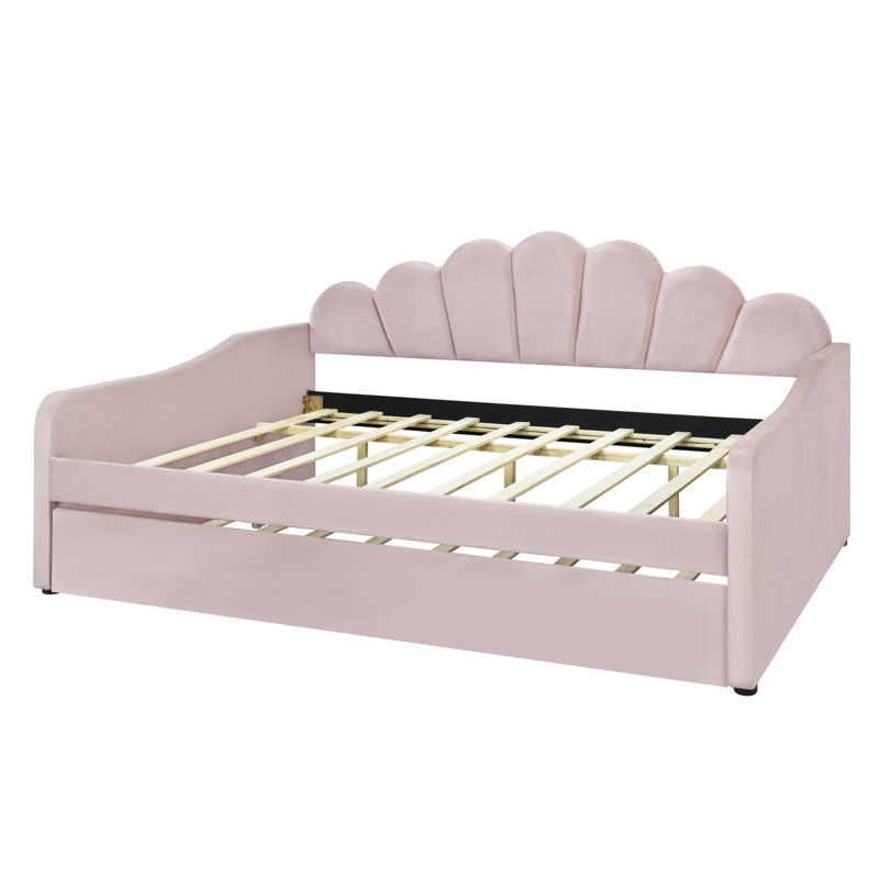 Full Size Upholstery Daybed Frame With Shall Shaped Backrest  And Trundle, Pink