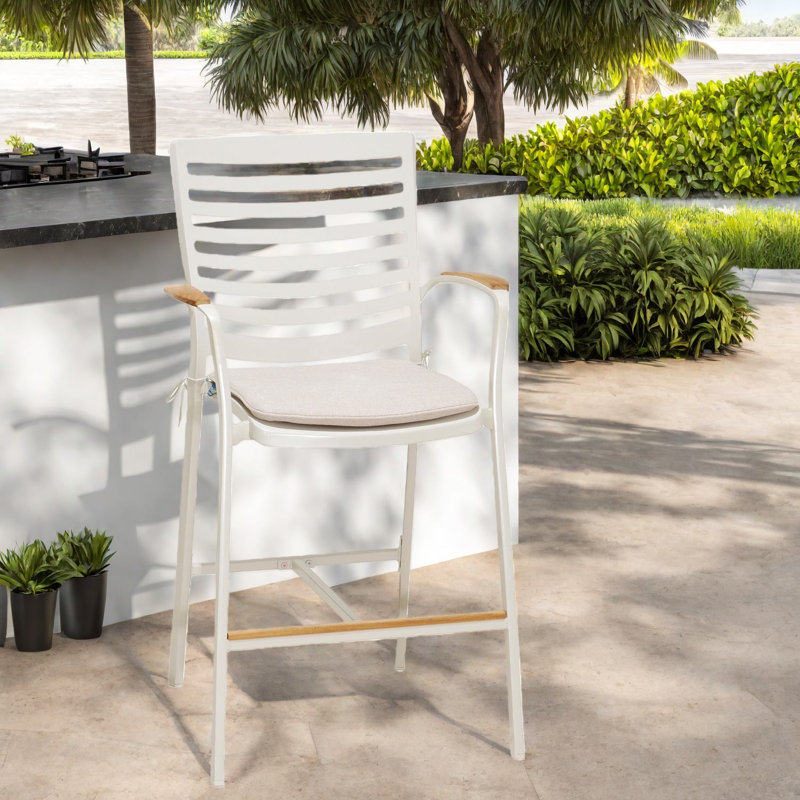 Tabourets de bar modernes en aluminium, décorations en teck naturel, pour l'extérieur