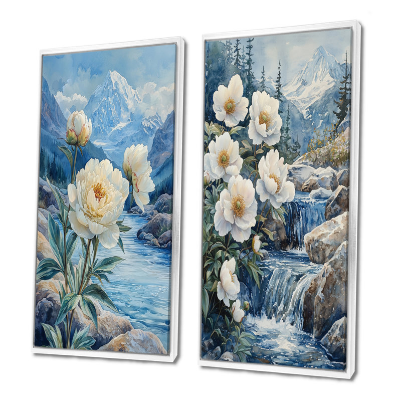 Pivoines blanches et les eaux glaciaires I - Collection d'art mural floral 2 panneaux, H 40 po x l 41 po