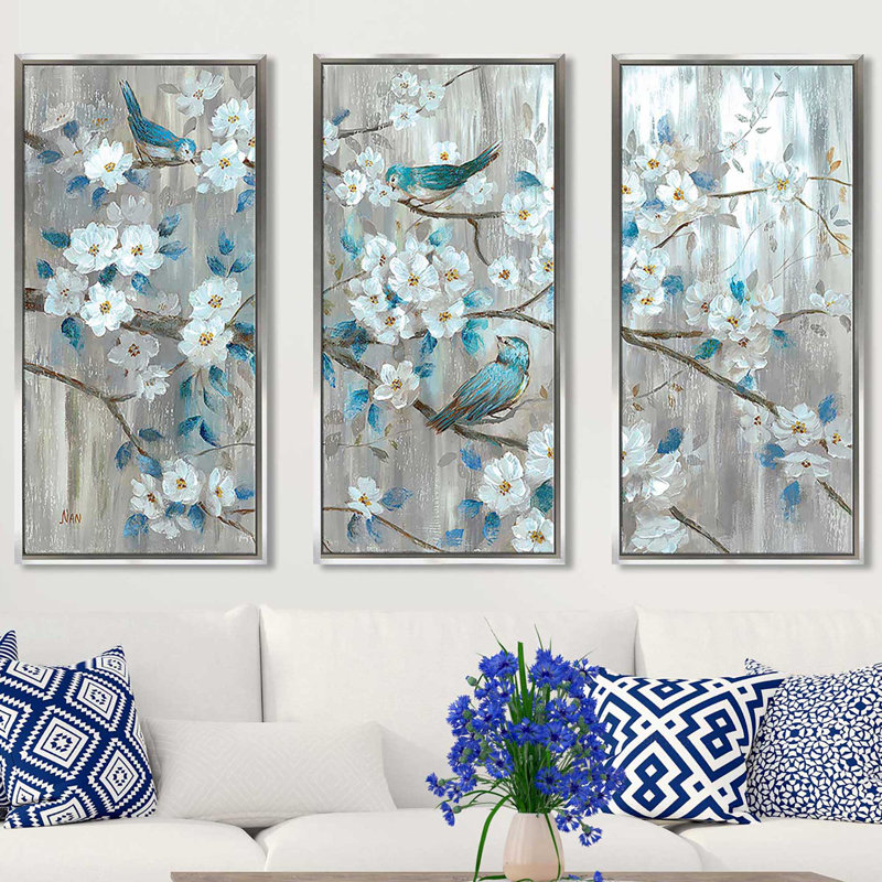 Teal Birds - 3 pièces, peinture sur toile à cadre flottant, L 64,5 po x H 41,5 po
