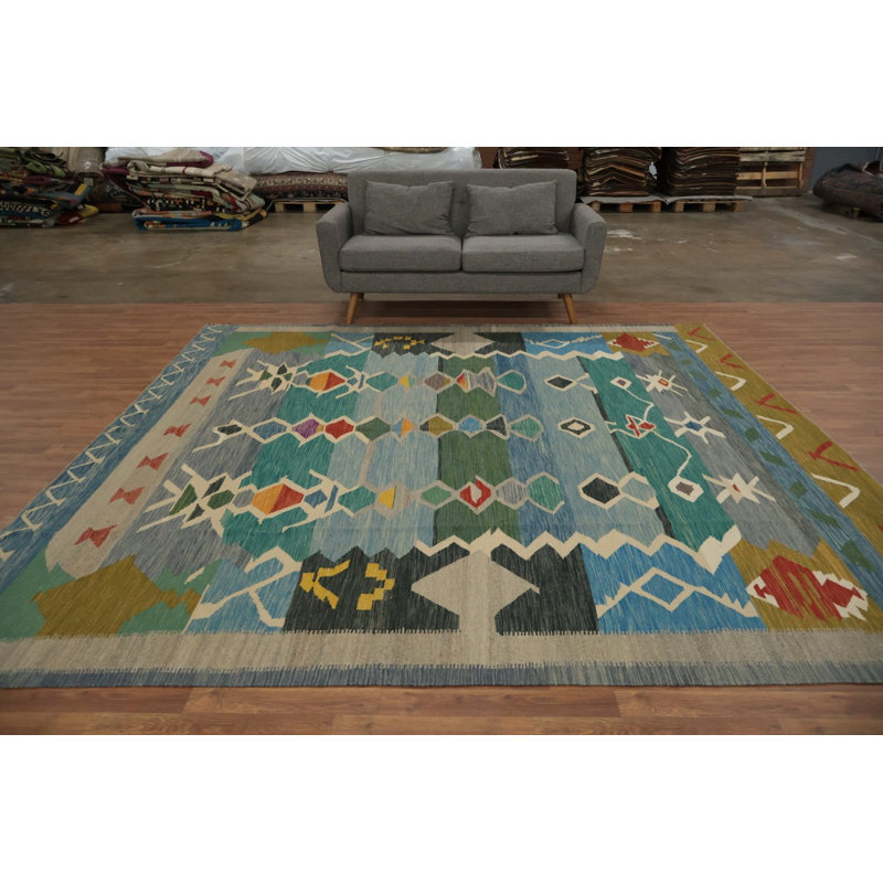 Tapis tribal kilim carré en laine 10 x 10