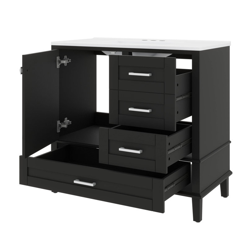 Meuble-lavabo moderne 36 po avec 1 porte à fermeture douce et 3 tiroirs, armoire de rangement moderne, Noir