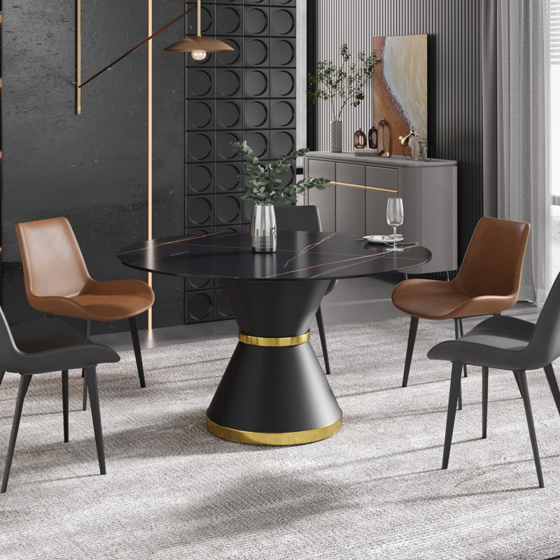 Round Stone Dining Table for Modern Living Room, Home, Black, 29.53" H x 53.15" L x 53.15" W