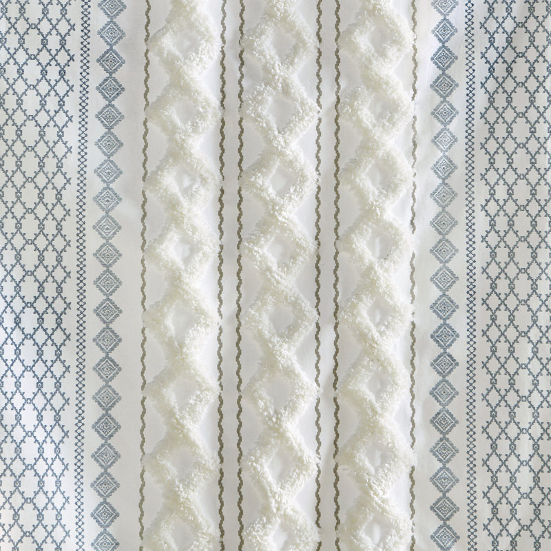 Ivory and Navy Cotton Chenille Stripe Light-Filtering Curtain Panel