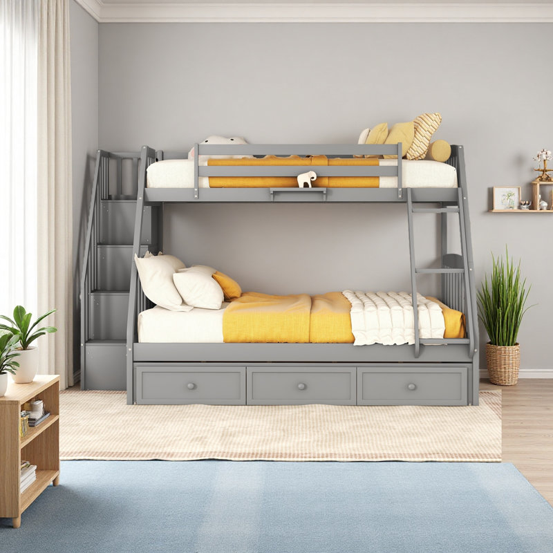 Twin-Over-Full Bunk Bed With Drawers，Ladder And Storage Staircase, Grey