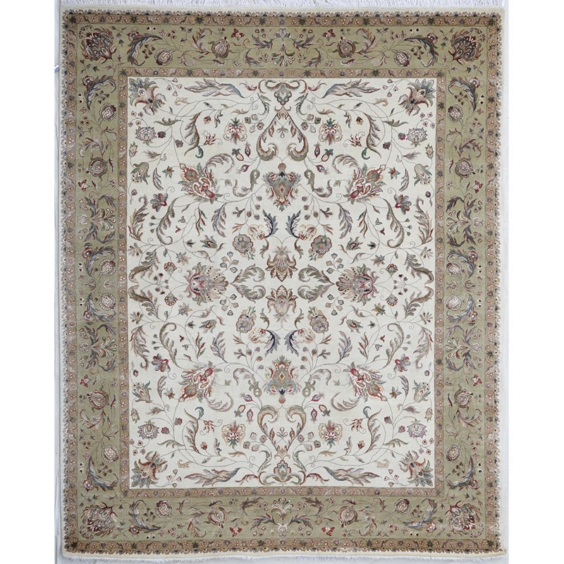 Tapis ivoire et vert clair noué à la main de haute qualité, Rectangulaire 8 pi x 10 pi