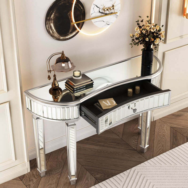Console à miroir de 47 po avec tiroir en verre cannelé et bouton en cristal, entrée argentée pour la chambre à coucher, gris et argent