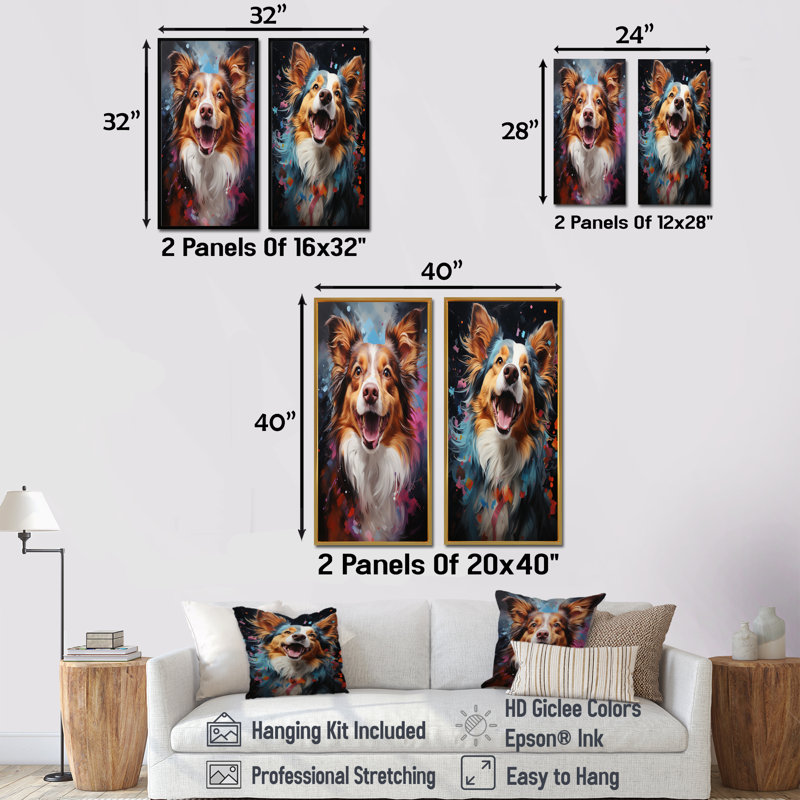 Papillon Prance - ensemble de 2 impressions sur toile de chien, H 28 po x l 25 po, Toile tendue