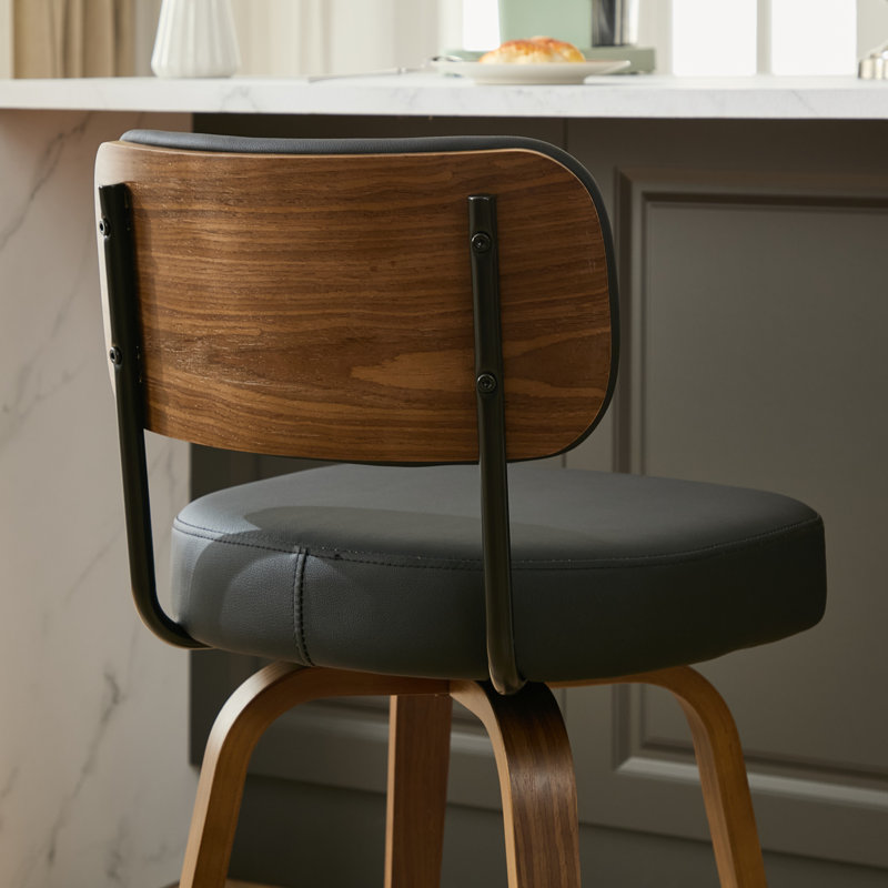 26" Swivel Upholstered Counter Stool with Walnut-Finish Bentwood Frame, Black, 4