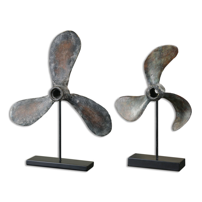Rust Brown and Black Resin Propeller Sculptures Set