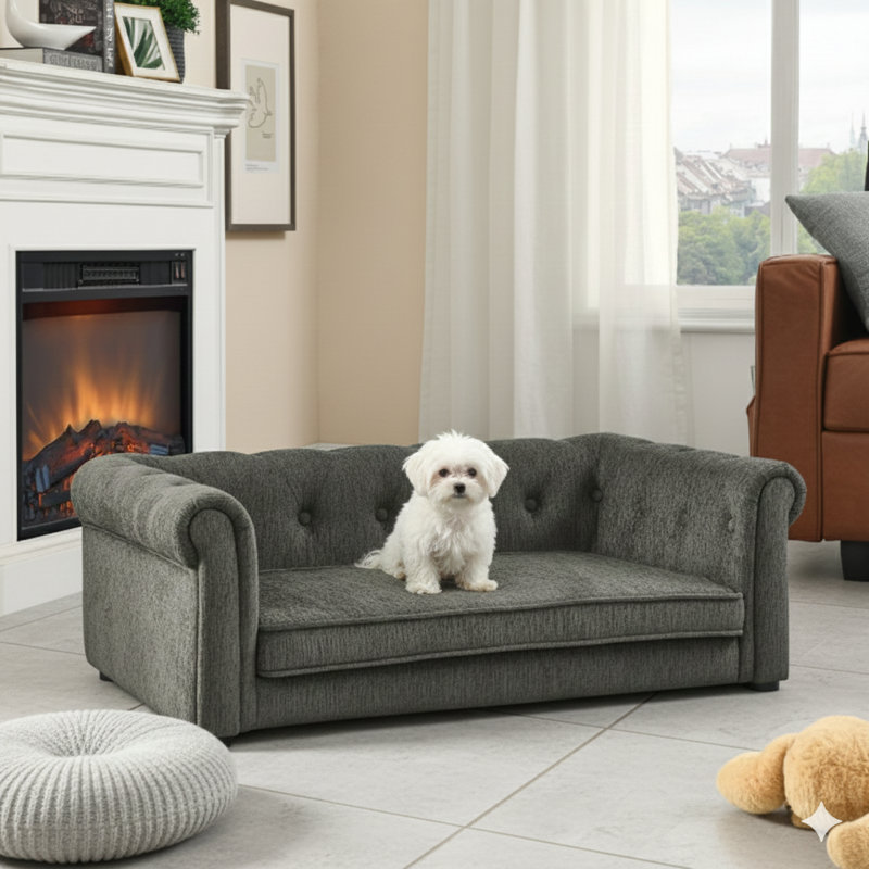 Lit rectangulaire sophistiqué pour animaux de compagnie de taille petite à moyenne. Conçu comme un canapé surélevé durable pour un confort accru. Design moderne et tendance. Finition en matériau gris foncé.