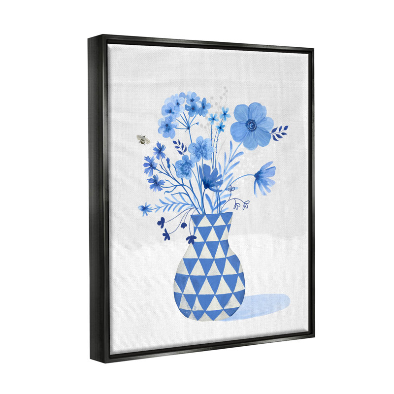 " Blue Mixed Floral Arrangement " by Sharon Lee, 21" H x 17" W x 1.7" D, Jet Black Floater Frame