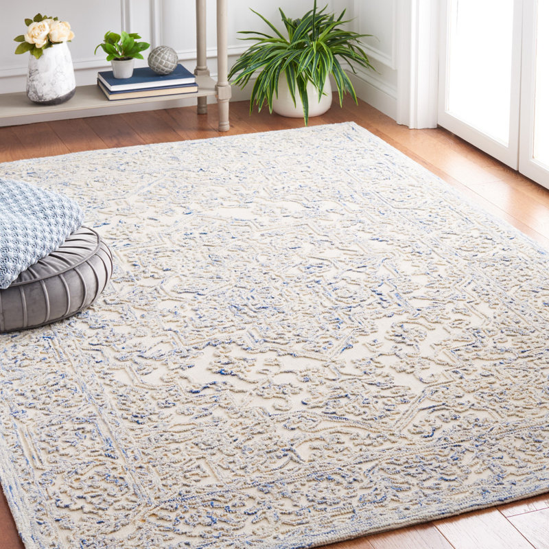 Ivory and Blue Hand Tufted Wool Area Rug