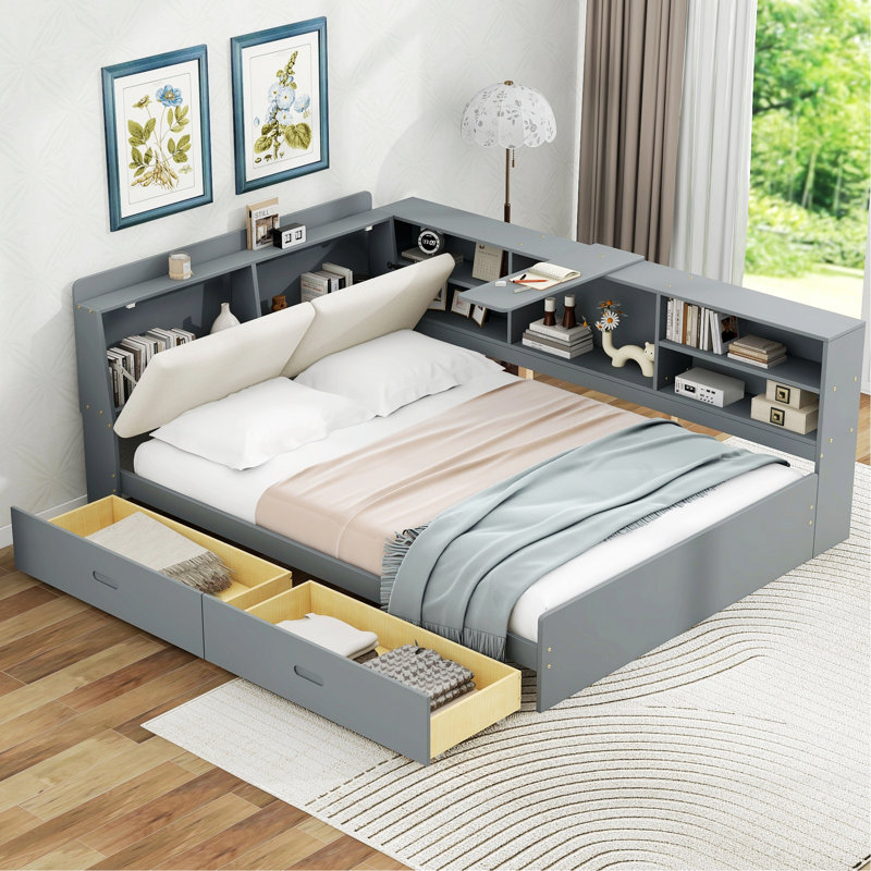 Cadre de lit moderne pour chambre à coucher, chambre d'amis, lit plateforme avec tête de lit, tablettes et 2 tiroirs, Gris