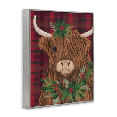 Holiday Cattle on Buffalo Plaid Framed Giclee Art, design by Lisa Perry Whitebutton