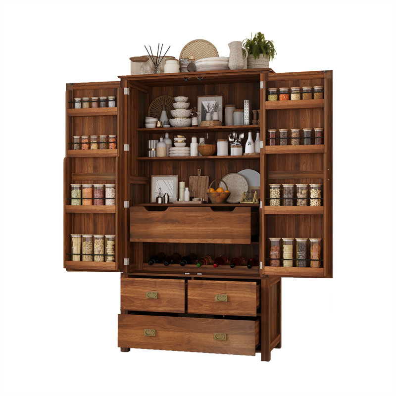 Cuisine Emaleah avec 4 tiroirs, 8 tablettes de porte, casier à vin intégré et tablettes ajustables, Noyer