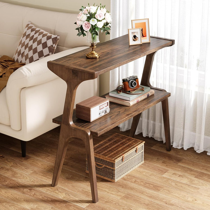 2-Tier End Table, Slim Sofa Side Table with Storage Shelf, Dark Brown