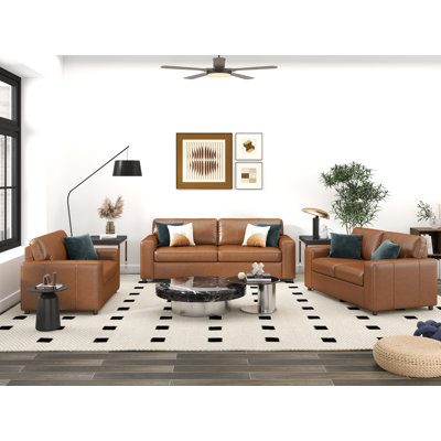Caro Espinoza Leather Upholstered 3-Piece Living Room Set, Sofa Loveseat And Cutler Chair