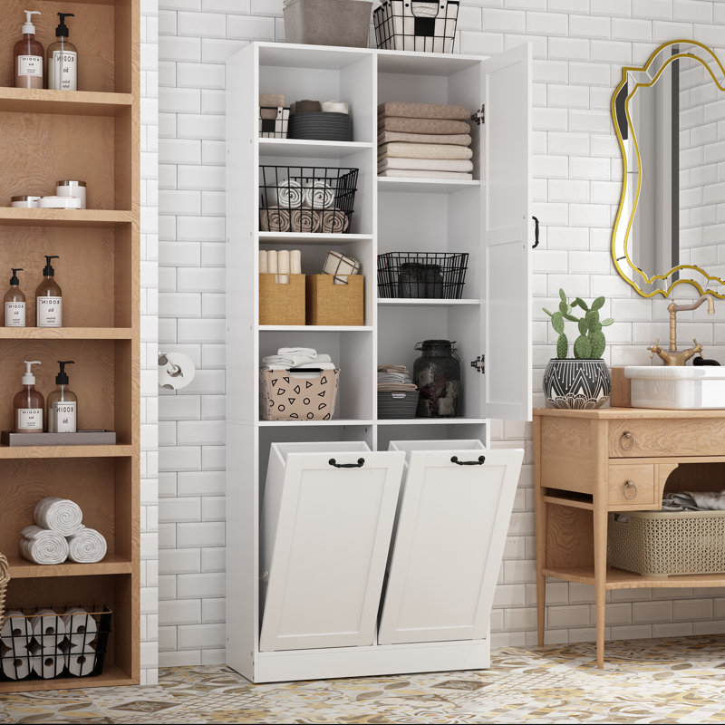 Bathroom Linen Cabinet With 7 Shelves And Laundry Hamper
