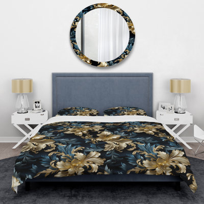 Bleu foncé et doré Techno Damask Realm - Ensemble de housse de couette damassé - Microfibre de polyester