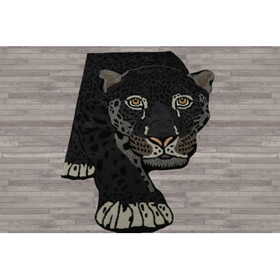 3'x5' Charcoal Tufted Wool Rug Featuring Sleek Panther Design