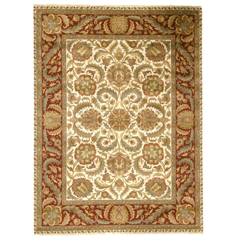 Tapis ivoire et rouge noué à la main de haute qualité
