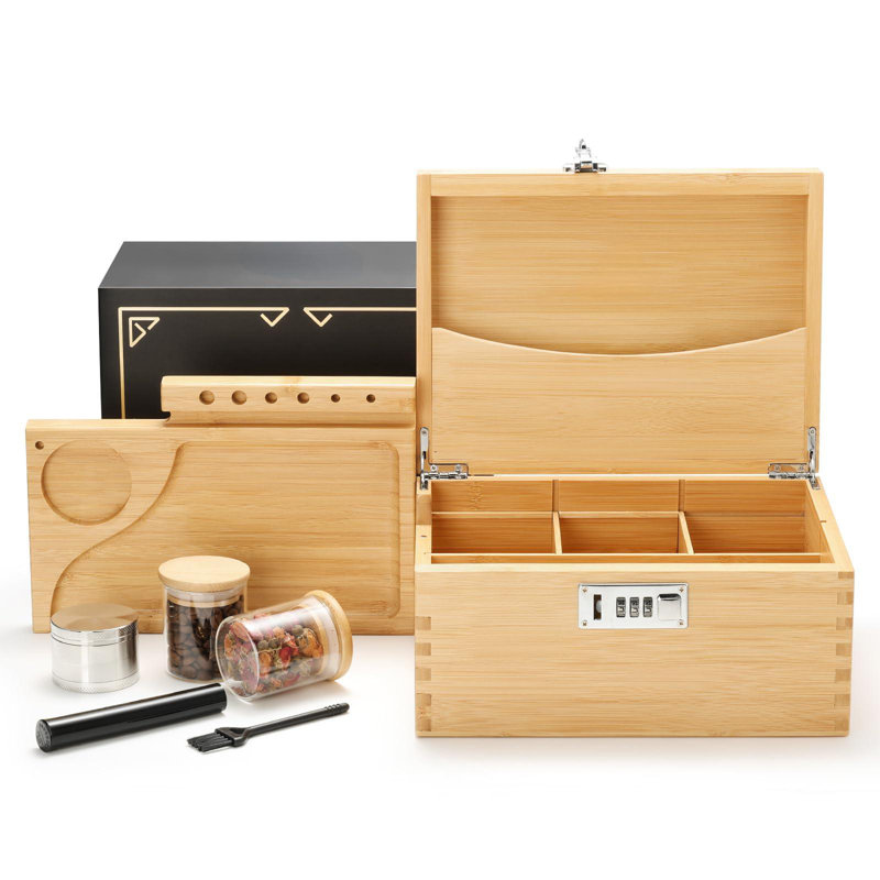 Stash Box With Rolling Tray, Smell Proof Large Bamboo Storage Box With Lock, Decorative Box Set Includes Glass Jars & Grinder
