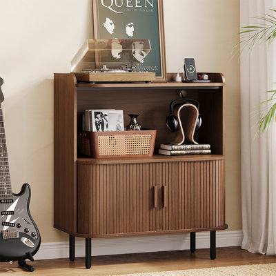 Mid-Century Turntable Stand With Sliding Doors - Vinyl Record Storage Cabinet For Living Room & Bedroom