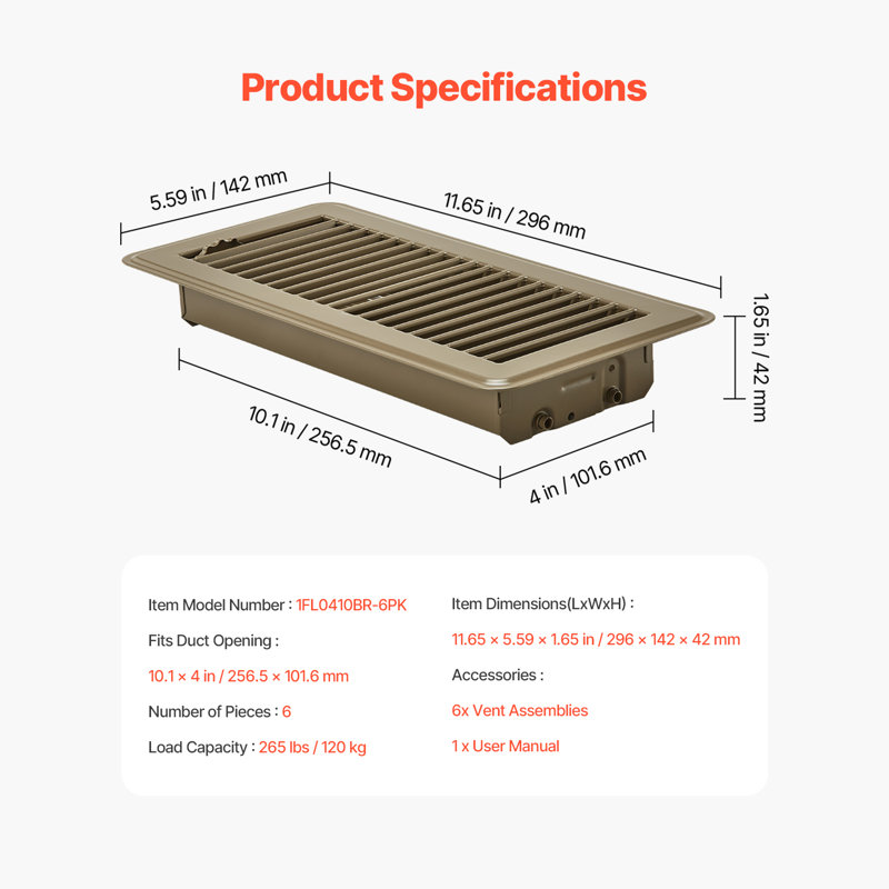 Grilles de ventilation au sol 4 x 10 pouces, paquet de 6, grilles de ventilation robustes en fer pour systèmes de chauffage, ventilation et climatisation, déflecteur d'air antirouille facilement réglable avec clapet métallique, brun, idéal pour la maison et le bureau