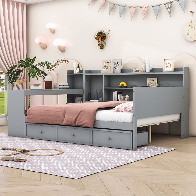Wooden Daybed with 3 Drawers and Shelves and Built-in-Desk, Grey, Full/Double