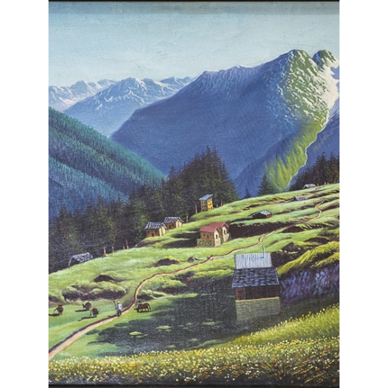 Un village de bergers Pahadi | Huile sur toile | Par Dinesh Attry | Avec cadre