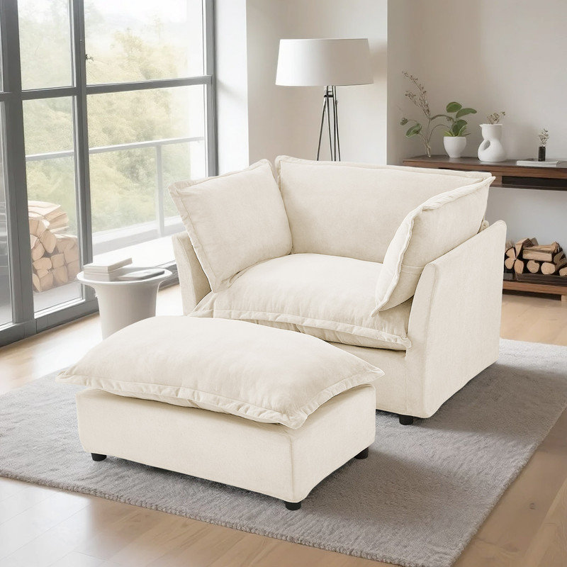Fauteuil d'appoint moderne en chenille avec repose-pieds et coussins, Beige