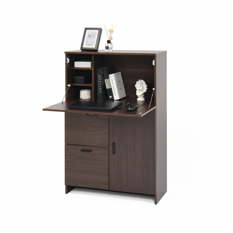 Armoire de bureau pliable en noyer avec tiroirs et tablettes de rangement - Organisateur de bureau à domicile peu encombrant