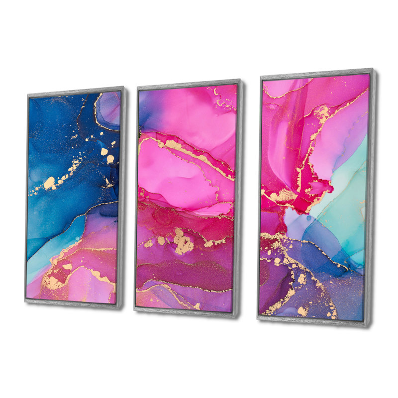 Mauve et rose, art abstrait fluide de luxe - 3 pièces, cadre flottant, impression sur toile, L 48 po x H 32 po, Argent