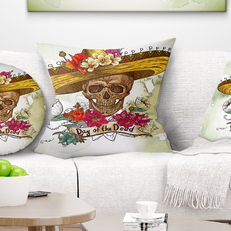 Crâne de Sombrero avec fleurs - coussin décoratif imprimé floral, 16 po x 1 po, Carré