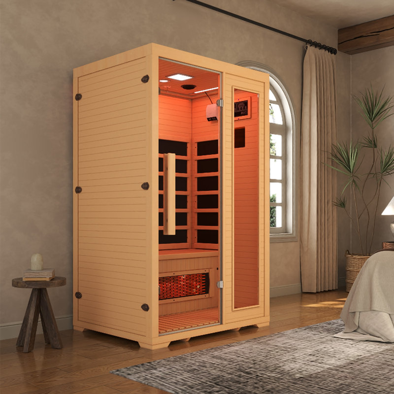 2-Person Infrared Sauna with Full Spectrum Heating - Indoor Dry Sauna Featuring 5 Carbon Panels, 1 Carbon Tube, Oxygen Bar, and 7 Color Light Strips, Made from Canadian Hemlock, 110V
