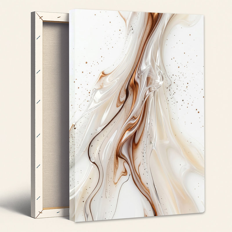 Bronze et blanc, tourbillon de marbre liquide abstrait avec des taches d'or sur toile, 36"H x 24"W