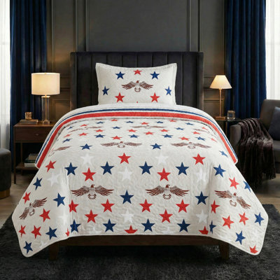 2-Piece Twin Quilt Set - Twin Bedspread and Pillow Sham with Patriotic Star Pattern - Lightweight Quilt Bedding Set for All Seasons - Soft Microfiber Coverlet by Lavish Home (Stars/Stripes)