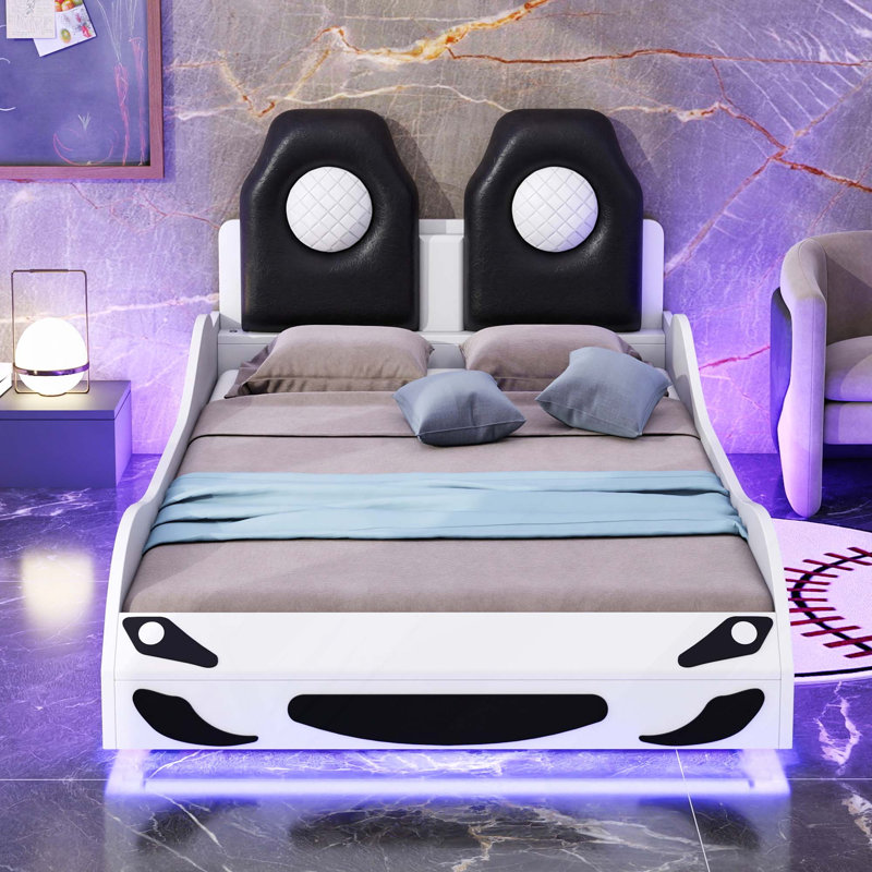 Lit plateforme en bois en forme de voiture avec dossier rembourré à DEL, Blanc