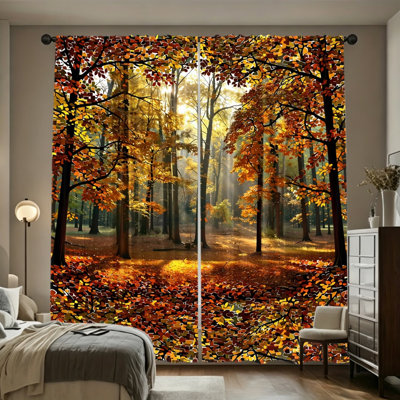 2PCS Sunbeam Falling Leaf Autumn Forest Landscape Light Filtering Curtains, Seasonal Home Decor, Easy Hang Rod Pocket, All-Season Window Treatments for Living Room, Bedroom, Dormitory, Cafe