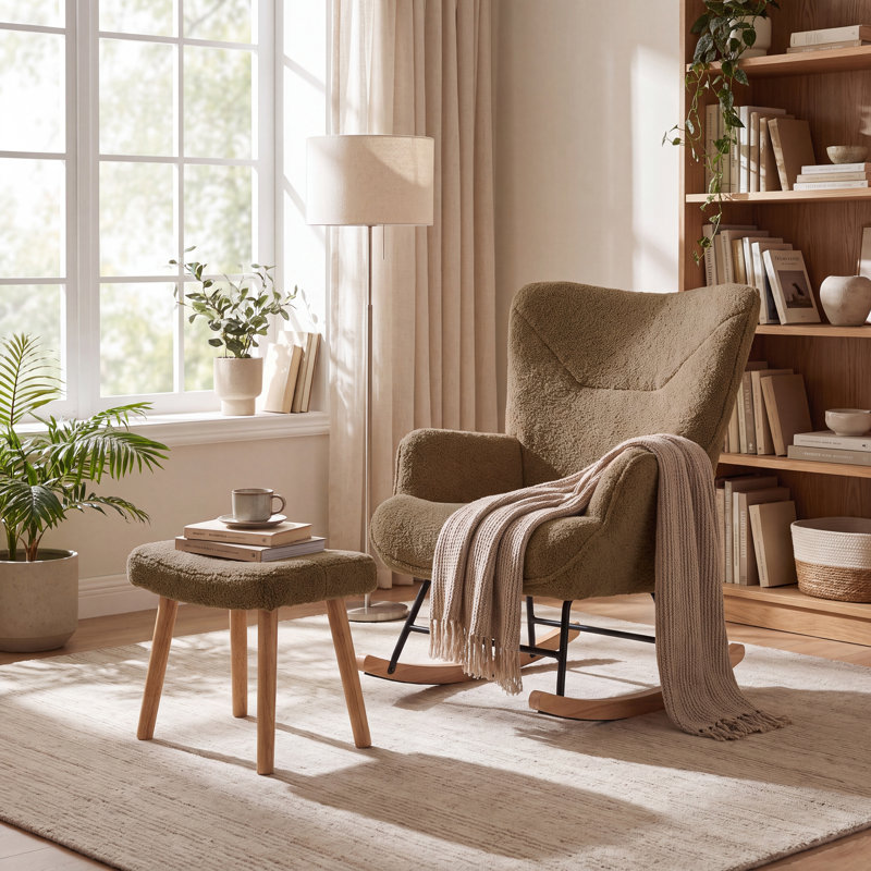 Rocking Chair & Footstool Set, Teddy Fabric, Brown
