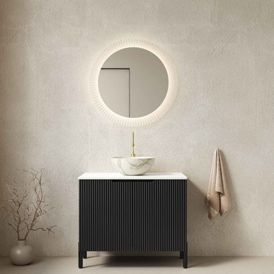 Meuble-lavabo de salle de bain avec lavabo, armoire de rangement de salle de bain autoportante avec 2 portes, cuve en céramique avec motif en pierre et comptoir en pierre frittée Carrara, sans robinet