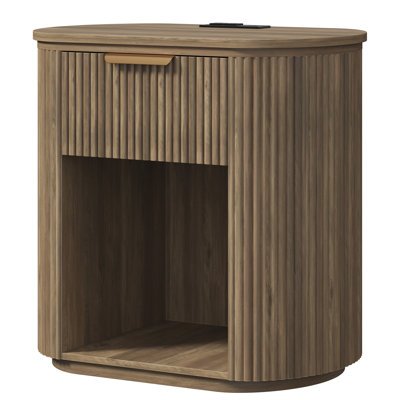 Knotty Oak Reeded Nightstand With 1 Drawer, Open Shelf Storage Built-in Outlets USB Type-C Charging Station Set of 1