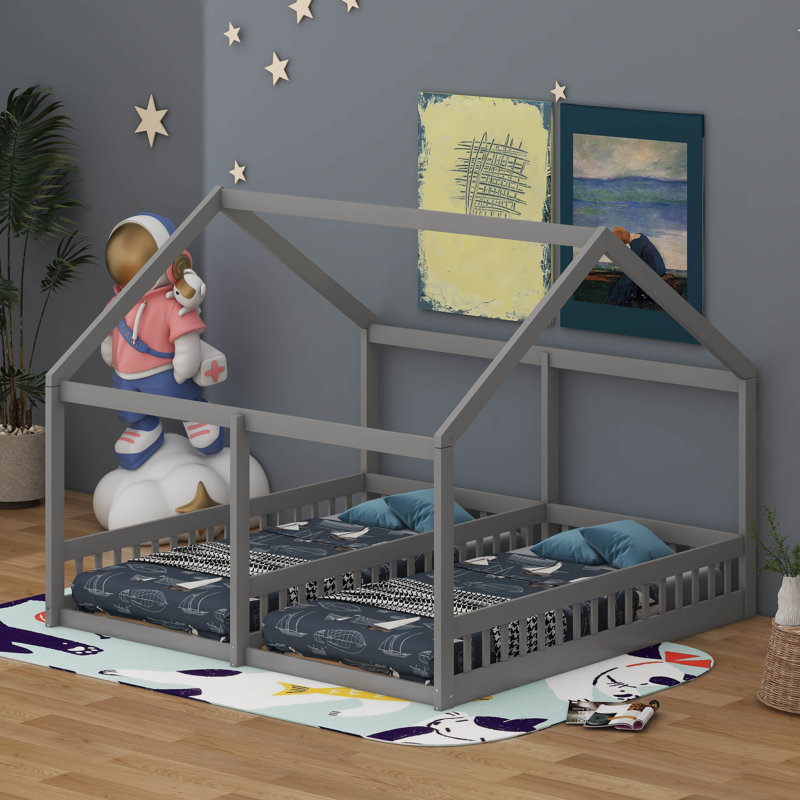 Twin House Platform Beds,Two Shared Beds, Gray