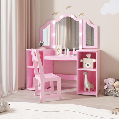 Ensemble de coiffeuse pour enfant Princess 2 en 1 pour fille - Miroir triple amovible avec lumière tactile - Rose