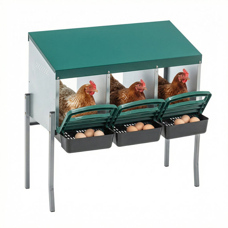 Boîte de nidification à 3 compartiments avec pattes, boîte à œufs en acier galvanisé avec couvercle pour poulailler d'extérieur