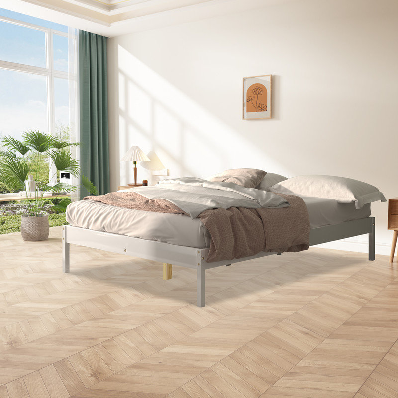 Base de lit plateforme en bois massif Tilon, Blanc, Lit double