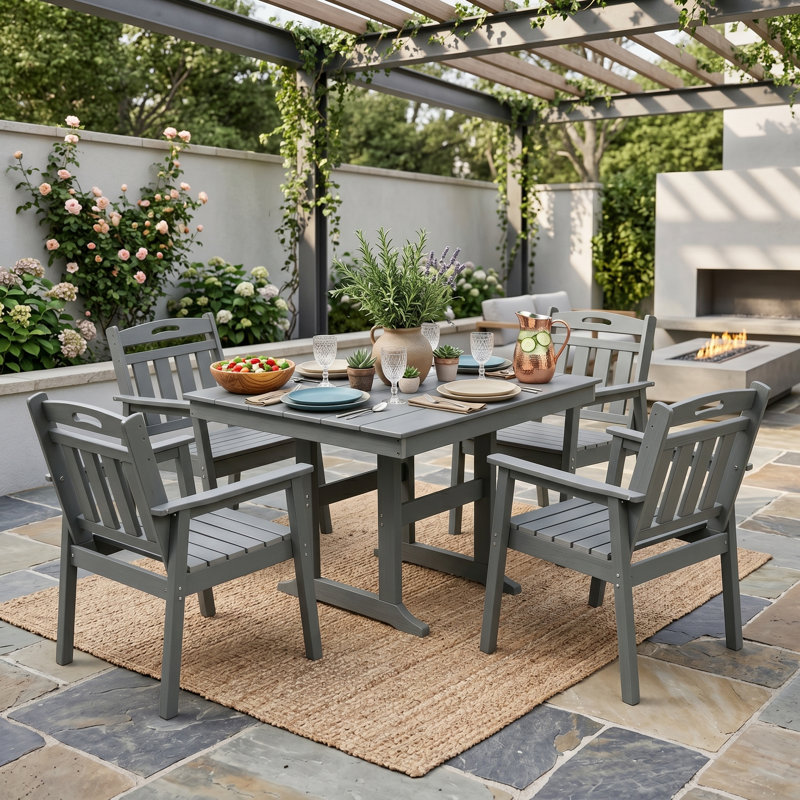 Ensemble de salle à manger d'extérieur 5 pièces en PEHD avec trou pour parasol, gris, Grey