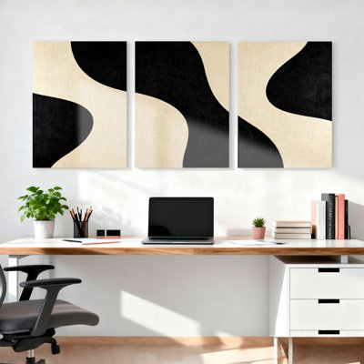 Abstract Black And Beige Wave Pattern Canvas Wrapped Wall Art Oil Painting Print Set Of 3
